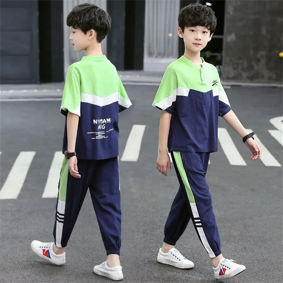 

2023 summer Boys clothes sport casual teenager autumn letters splicing t-shirt + pants kids tracksuit 4 5 6 7 8 9 10 11 12 year
