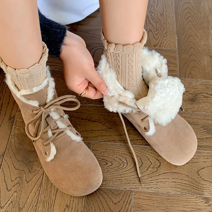 

【ENMAYER】New Women Snow Boots Winter Thick Plush Warm Wool Shoes Woman Round Toe Casual Women Genuine Leather Ankle Boots 2023