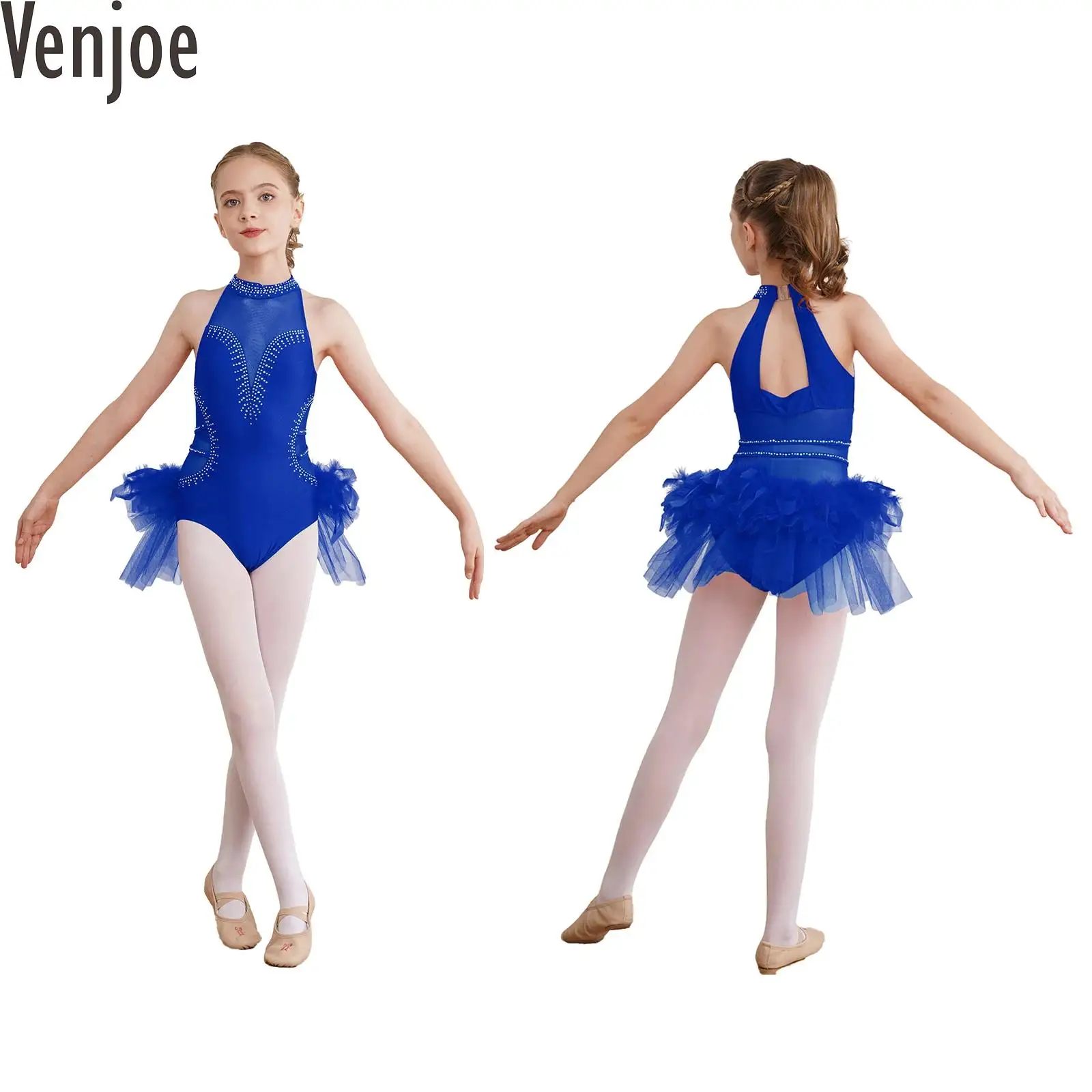 

Kids Girl Ballet Dance Leotard Figure Skating Costume Rhinestone Sleeveless Gymnastics Dancewear Feather Tulle Skirted Bodysuit