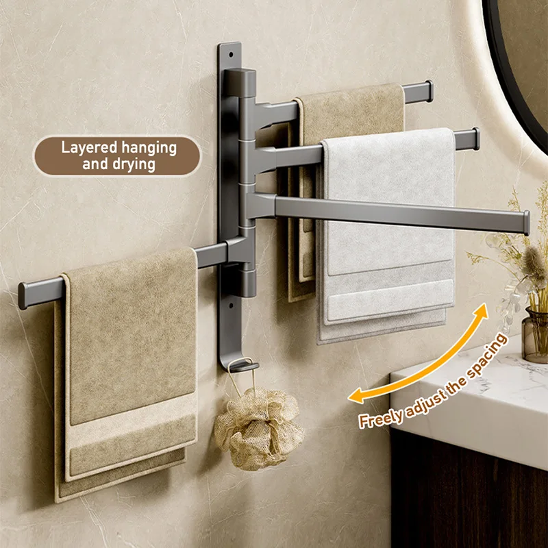 180&deg; Rotatable Swivel Towel Bar Wall Mount Self Adhesive Bathroom Towel Rack Holder Hook Aluminum 2/3/4/5 Bar Hanger