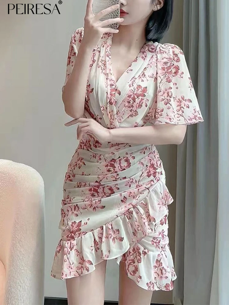 

PEIRESA High Quality French Elegant Floral Print Mermaid Dress Women Irregualr Ruffles Pleated V Neck Flying Sleeve Mini Dresses