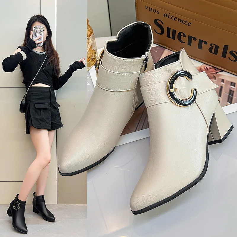 

Ankle Boots Women White Black Thick High Heel Pointed Toe Keep Warm Elegant Short Booties Ladies Ankle Buckle Decoration