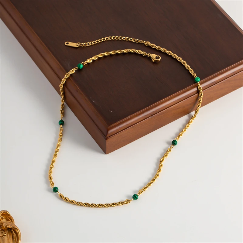 316L Stainless Steel New Fashion Fine Jewelry Minimalism Green Malachite Charm Twists Chain Choker Necklace Pendants For Women