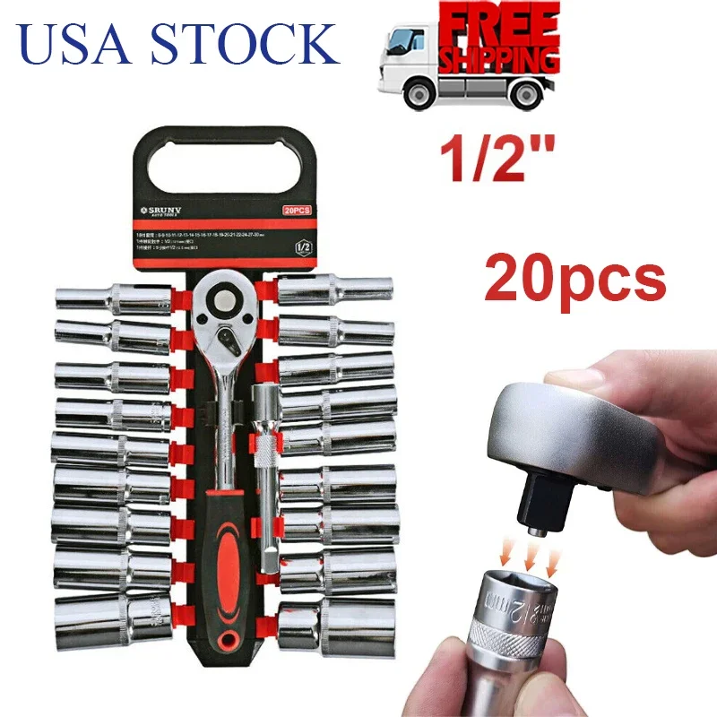 

1/2” 20 Piece Ratchet Socket Wrench Set 18pc 8-30mm Metric Drive Socket Spanner Quick Release Ratchet Handle Repair Hand Tools