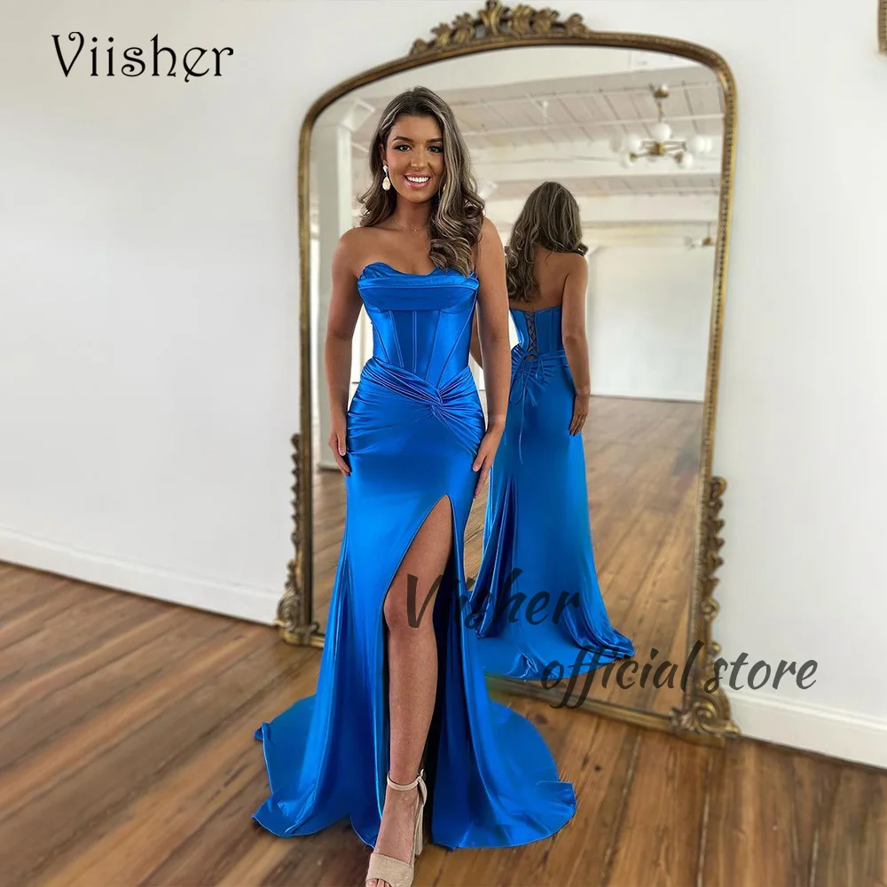 

Viisher Blue Satin Mermadi Evening Dresses Pleats Tight Long Formal Prom Dress with Slit Celebrate Party Gowns with Train