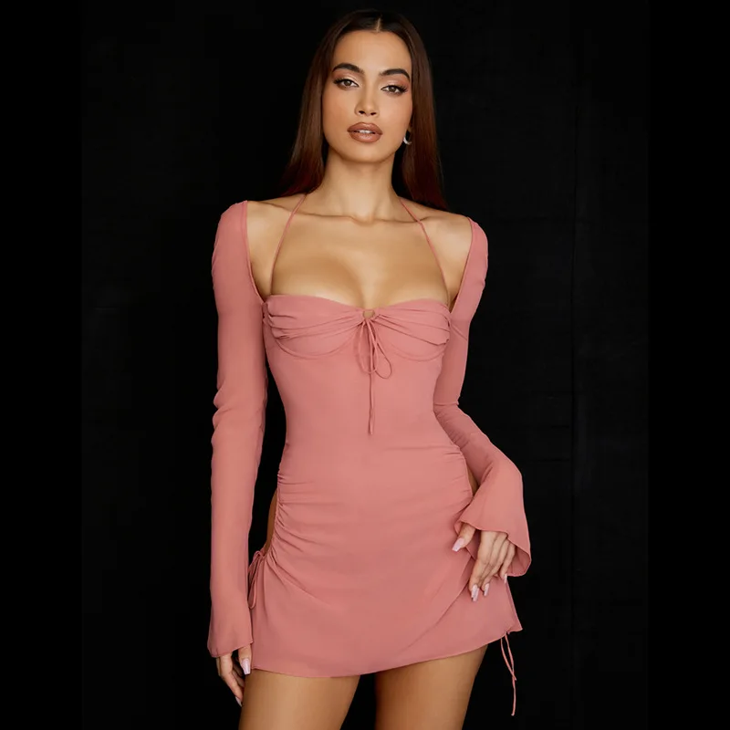 Autumn long sleeve solid color with high waist square neck skirt wrapped around the chest temperament pink Fashion Hot On Sale women s embroidered vintage waist wide japanese self tie wrap around obi waist band cinch boho belt fabric dress belts