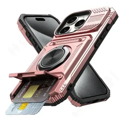Magnetic Ring Kickstand Wallet Case with Heavy Duty Drop Protection for iPhone 13 Pro (Rose Gold)