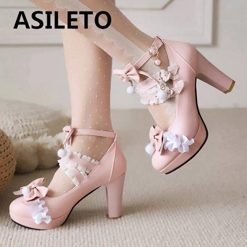

ASILETO Design Women Pumps Round Toe Ultrahigh Heel 9cm Buckle Strap Lace Bowknot Sweet Lolita Girls Shoes Large Size 44 45 46