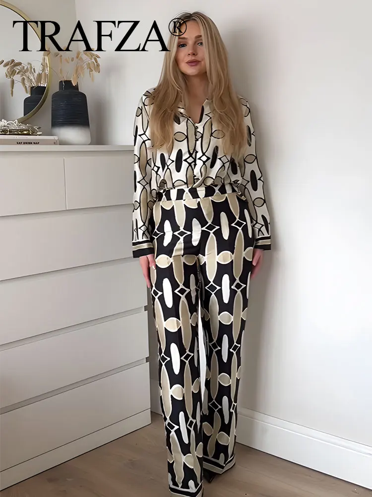 TRAFZA 2024 Spring Woman Geometric Print Trouser Set Long Sleeves Shirt Top + Elastic Waist Pockets Chic Female Long Pant Street