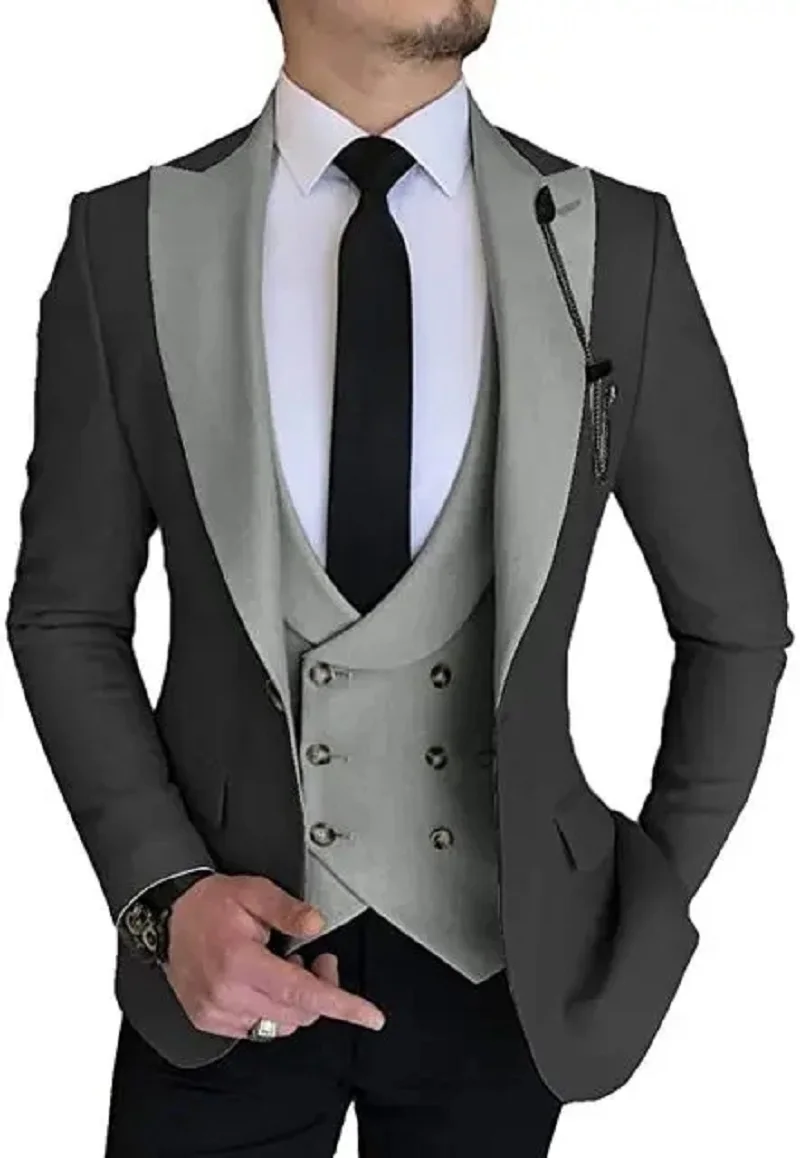 Men Suits Champagne Double Breasted Vest Wedding Tuxedo Terno Masculino Prom Groom 3 Pcs Slim Fit Blazer Custom Made