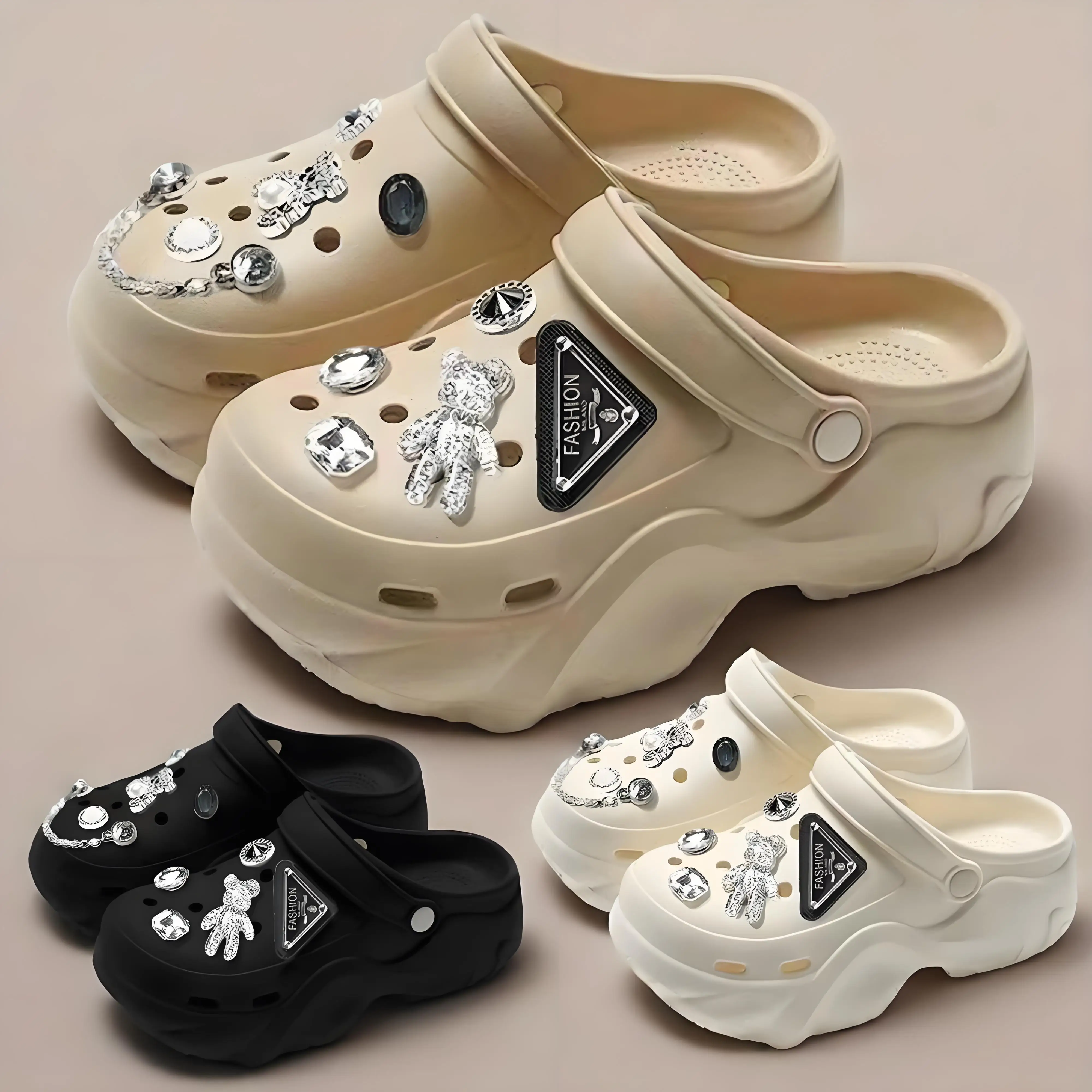 Women DIY Silver Chains Fashion Bear Decor Clogs Summer Sping Autumn Beach Sandals Cave Hole Garden Shoes For Students Girls New