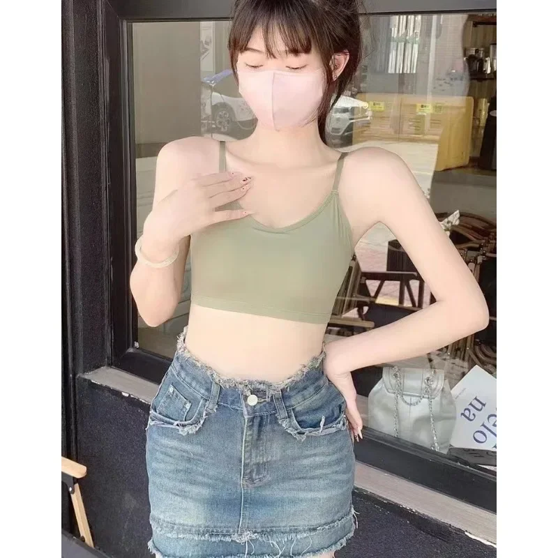 

Summer New Ice Silk Sling Top Bra Integrated Fixed Cup Small Chest Gathering No Underwire Anti-slip Top