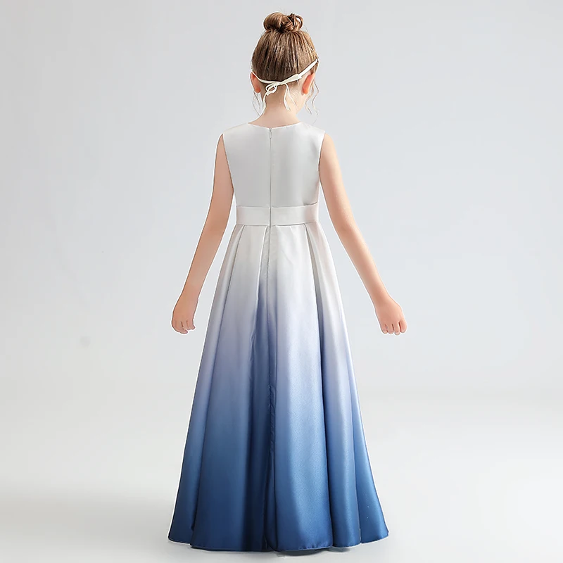 Gradient Color Long Satin Formal Dress For Girls Blue Sleeveless Elegant Pleated Junior Bridesmaid Dresses Dideyttawl satin formal dress