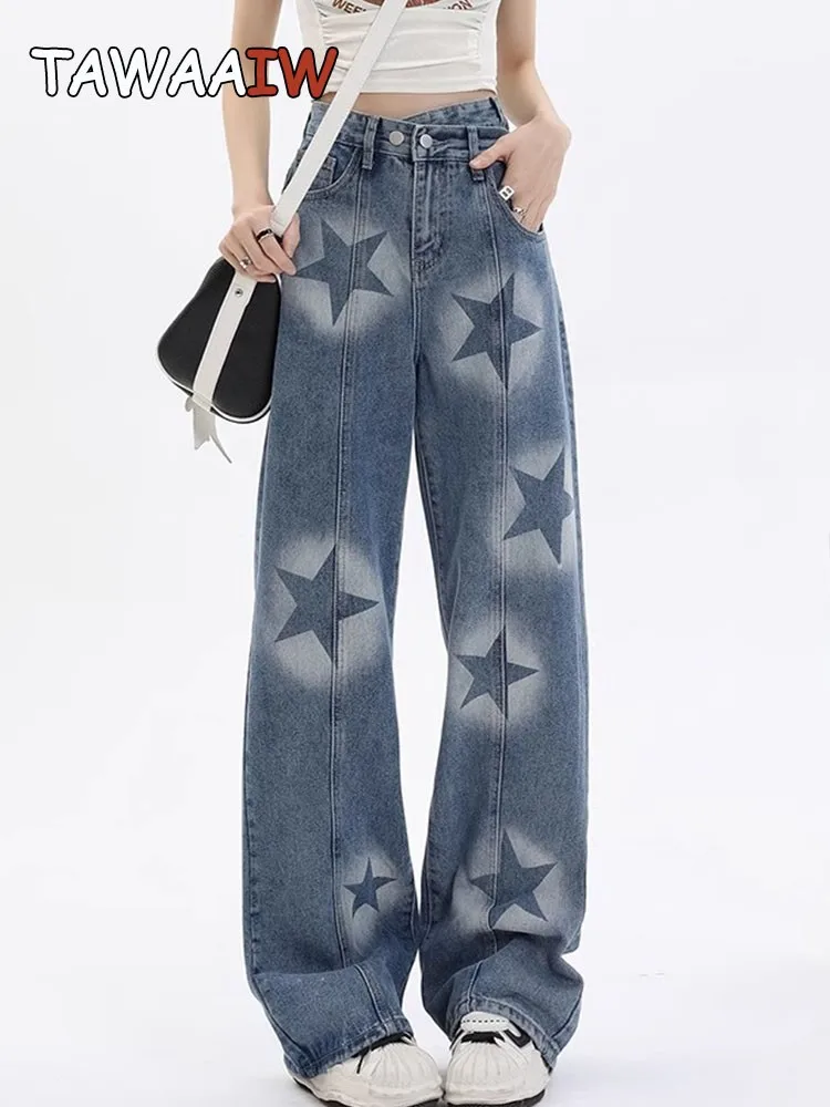 

Женские джинсы в стиле ретро Tawaaiw, в американском стиле с принтом в виде пятиугольных звезд, джинсы-багги, женские прямые джинсовые брюки Y2k, лето 2023