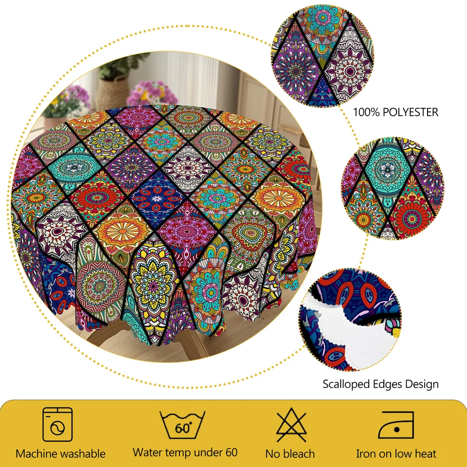 JanJCurt Mantel Redondo De Teñido Anudado, Estampado De Pétalos De Flores Y Espirales De Arco Iris, Mantel Bohemio De Mandala Colorido Para Decoración De Comedor Y Cocina, Redondo (70 X 70