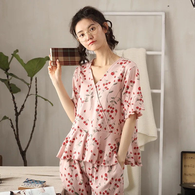 

Pajamas Women's Summer Pure Cotton Thin Short Sleeve Capris Loose Pullover Home Suit Two Piece Set
