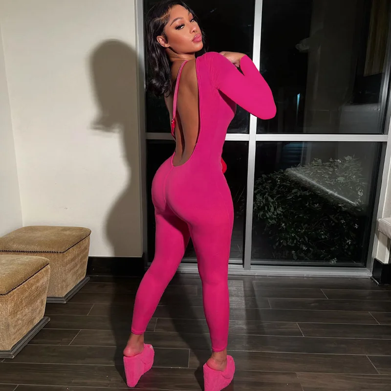 Fitness Women Skinny Jumpsuits Plain Solid Color Open Back Long Sleeve Rompers 2023 Fall Winter Sexy Night Club Party One Piece