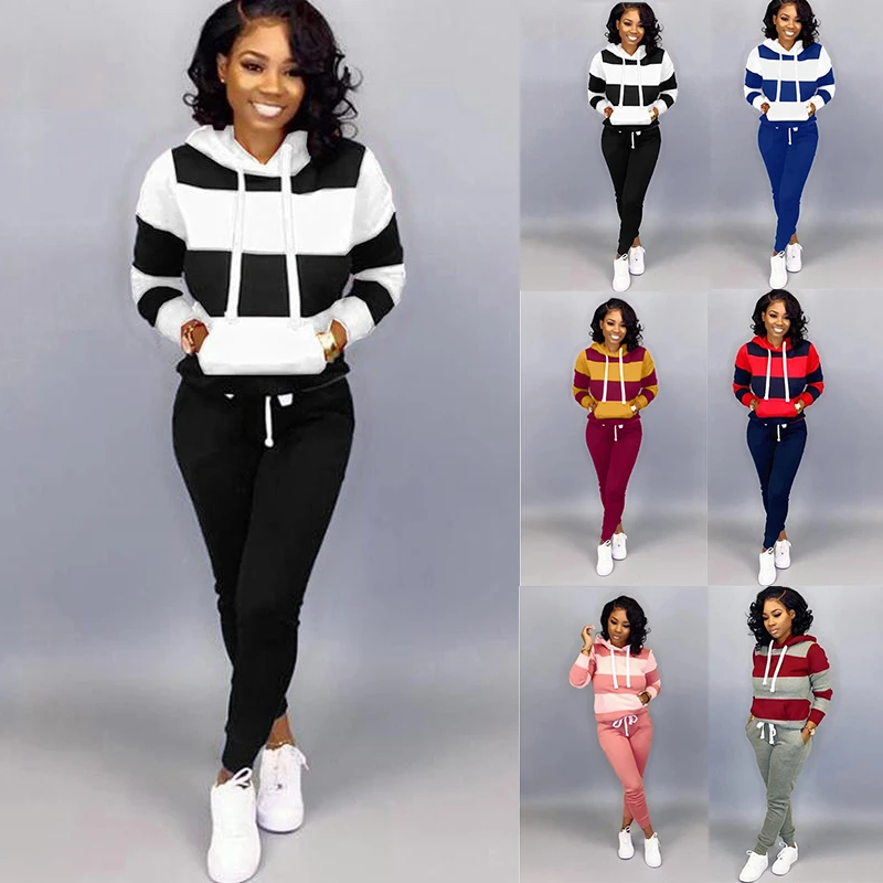 New women's fashion casual sportswear long sleeved striped hoodie and long pants sportswear hoodie slim fit jogging suit