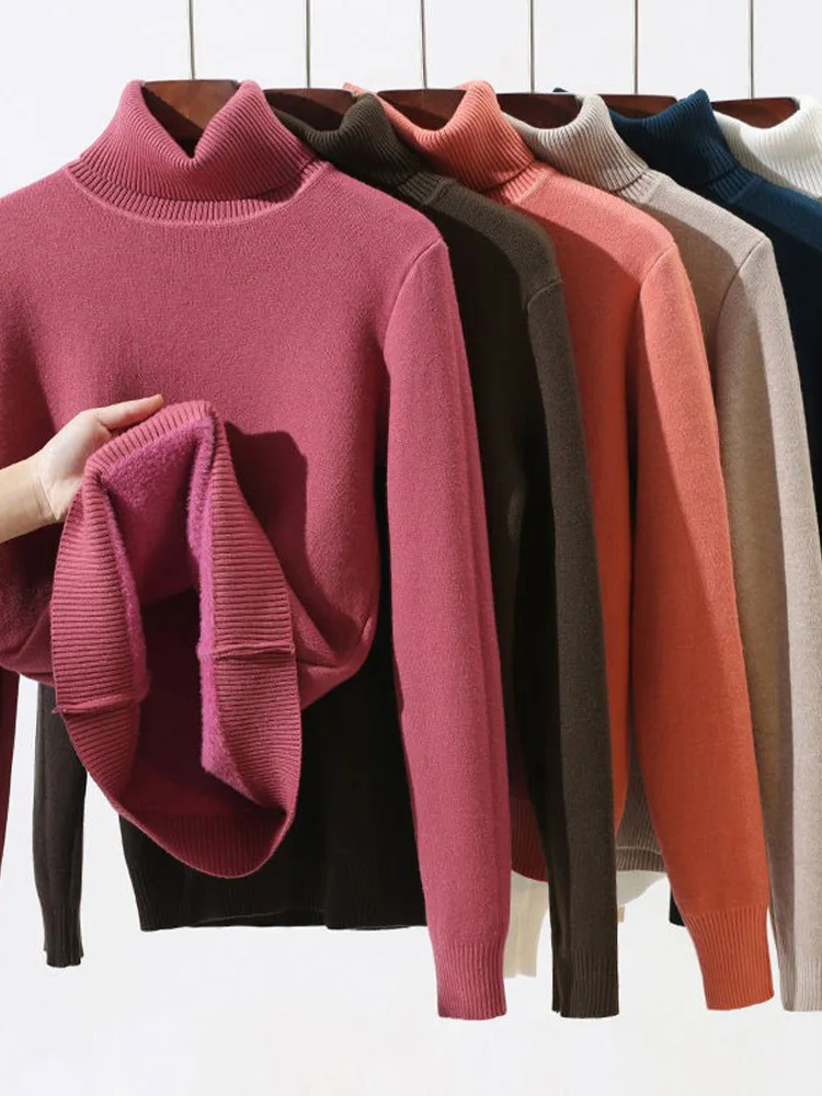

Turtleneck Winter Sweater Women Elegant Thicken Velvet Lined Warm Sueter Knitted Pullover Slim Tops Jersey Knitwear Jumper New