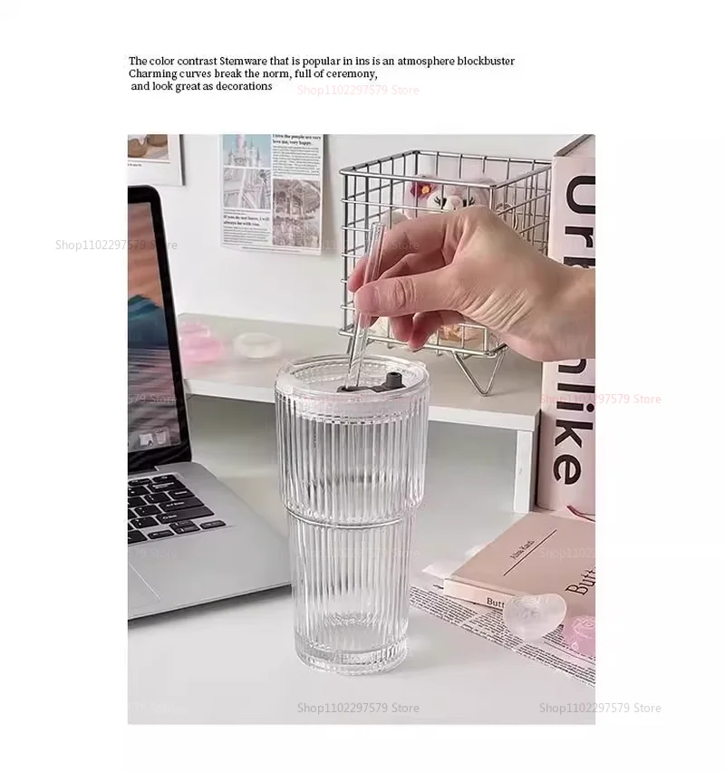 Description Picture 5 of itemHigh Capacity Cold Drink Juice Coffee Cup with Lid Straw Vertical Striped Glass Water Cup Ins Wind Durable Large Capacity