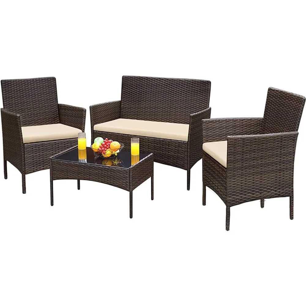 

Patio Furniture 4 Pieces Conversation Sets Outdoor Wicker Rattan Chairs Garden Backyard Balcony Porch Poolside loveseat