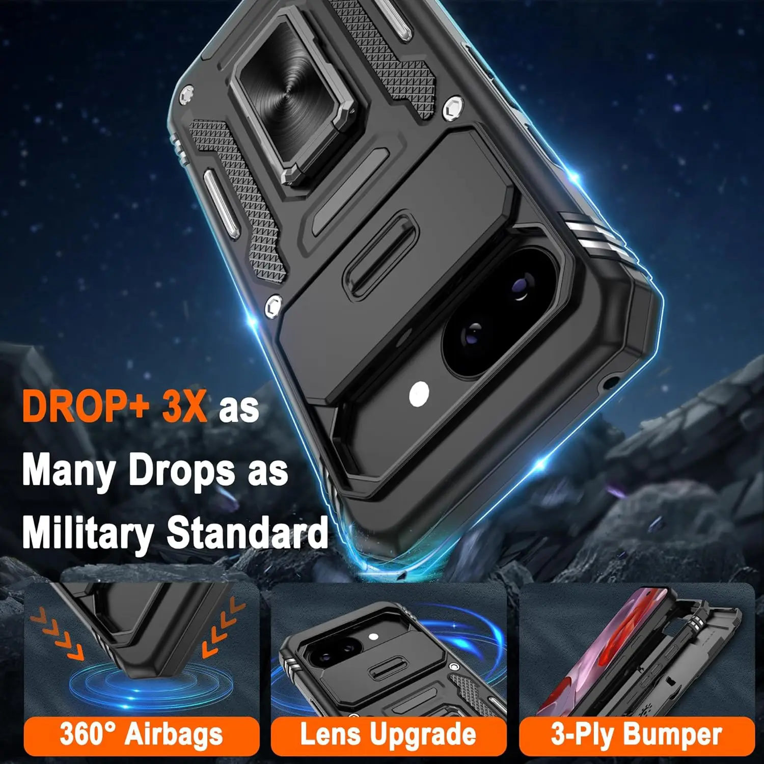 Rugged Military Grade Shockproof Kickstand Case with Slide Lens Protector
