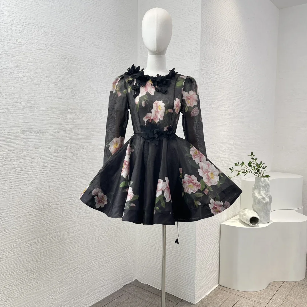 

Платье женское ТРАПЕЦИЕВИДНОЕ, из льна и шелка, с трехмерным цветочным принтом, с поясом, лето 2024