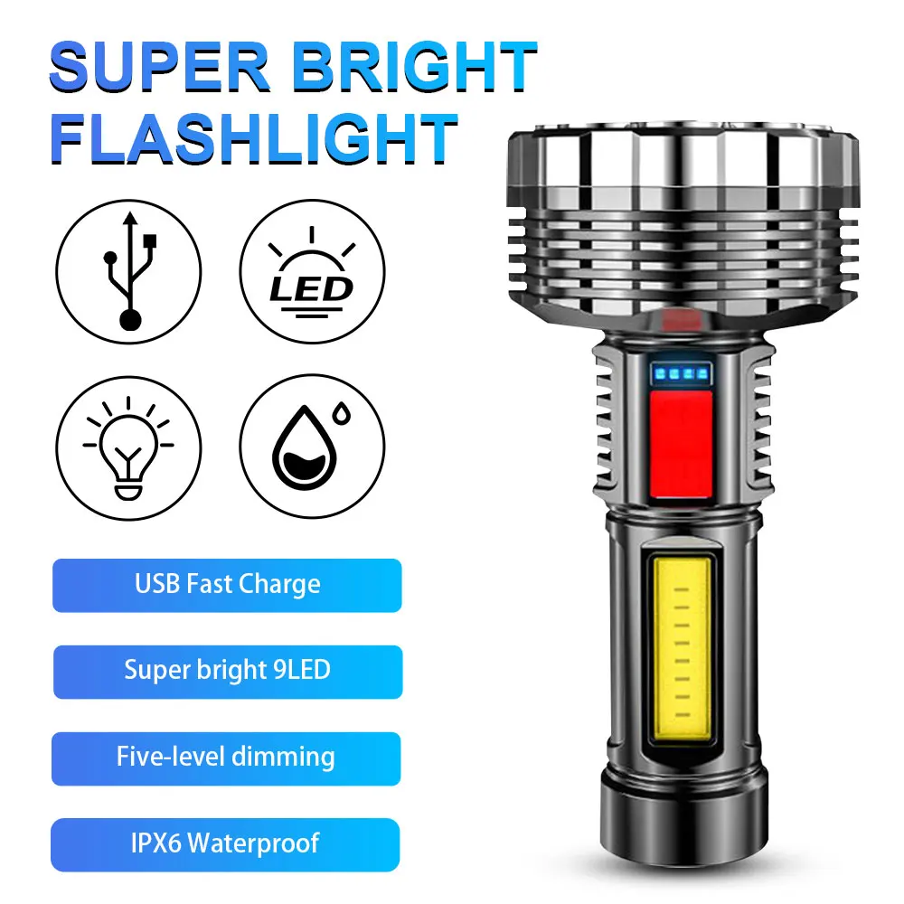 

High Power 9LED Flashlight COB Side Light Outdoor Lighting USB Rechargeable Flashlight 5 Modes Dimming for Camping Fishing