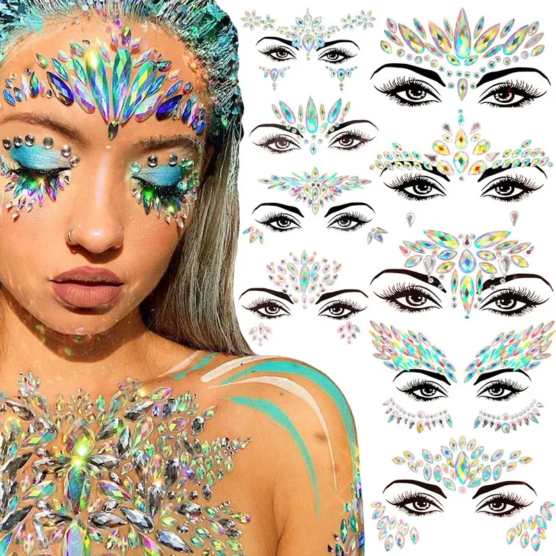 Glitter Face Tattoo Stickers Sexy 3D Fake Tattoos Rhinestones for Women Temporary Tattoos Party DIY Face Jewel Tattoo Makeup Art