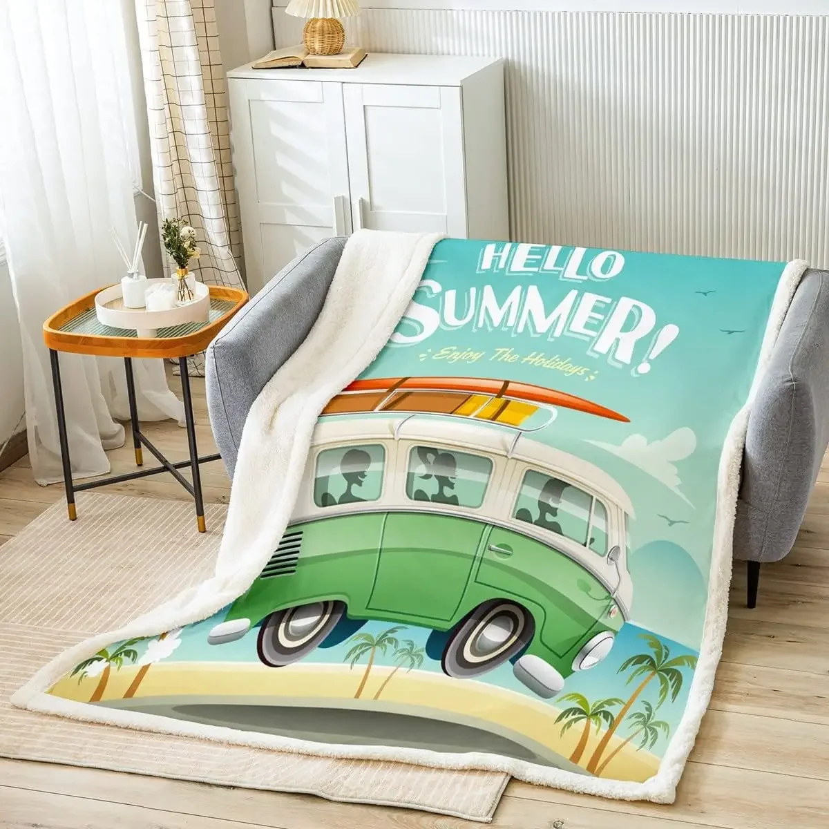 Summer Camping Blankets Cartoon Bus Van Throw Blanket for Kids Girls Boys Adults Room Decor Beach Palm Trees Fleece