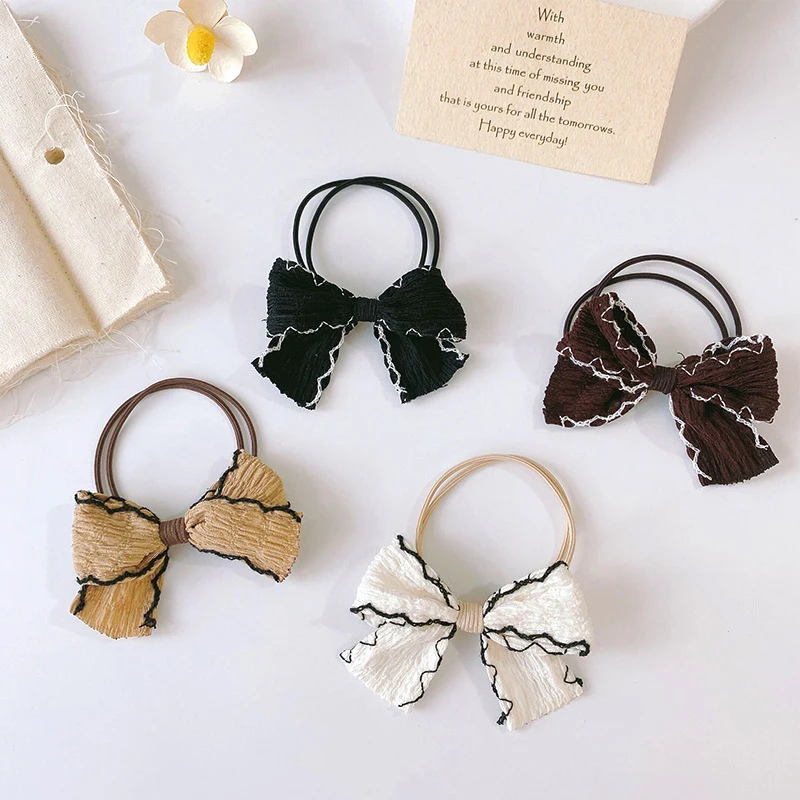 Gentle Milky Brown Color Cute Fabric Bow Hair Rope Elastic Headband Girly Heart Hair Ring Bow Rubber Band Elegant Hair Accessory