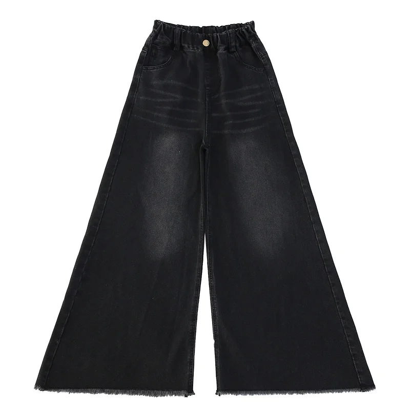 子供用ブラックデニムジーンズ,ワイドレッグ,カジュアル,バギー,新しいファッション,ストリートスタイル