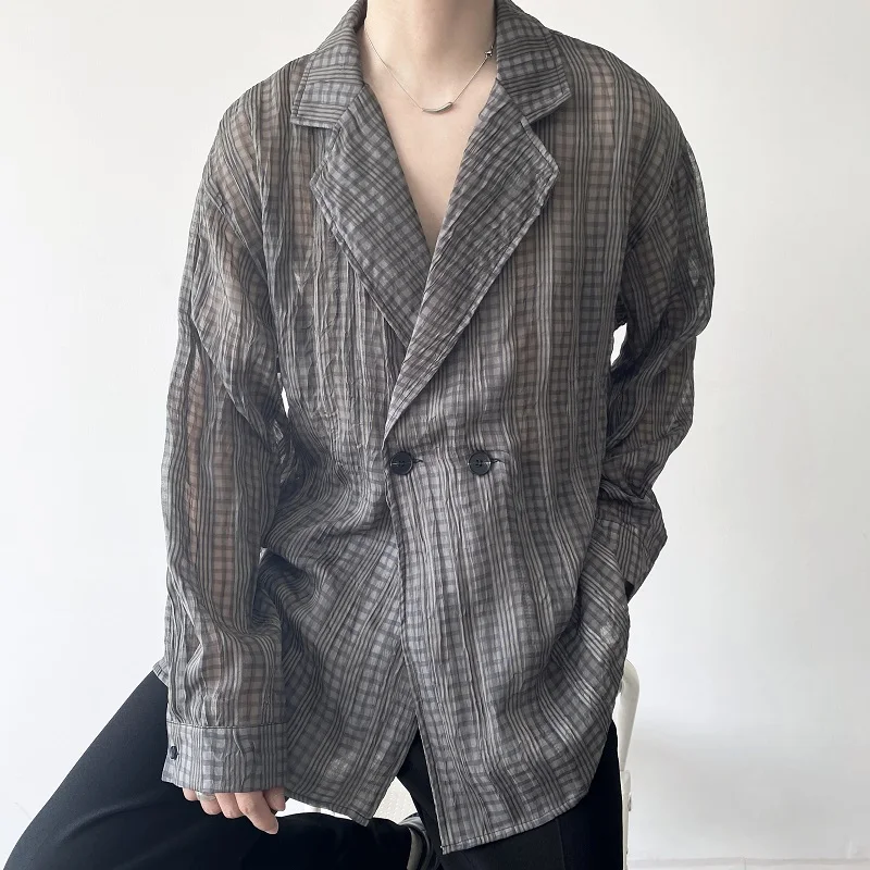 

Told Tale Sunscreen Shirt Men Plaid Shirts Transparent Long Sleeve Lapel Loose Streetwear Blouse Party Clubwear Casual Shirt