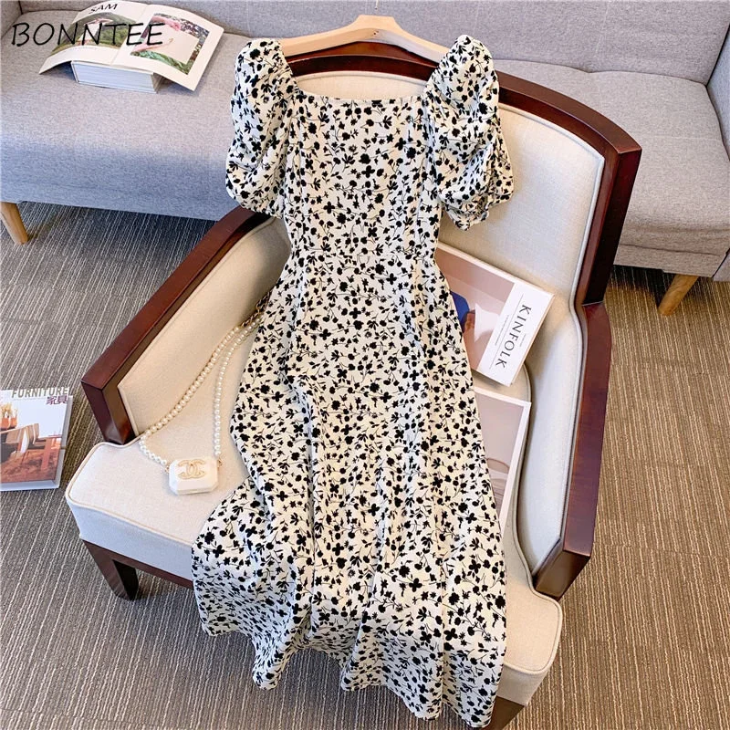 

Floral Dresses Women Fairycore Square Collar Summer French Style Side-slit A-line Vintage Ladies Chic Temperament Fashion Casual