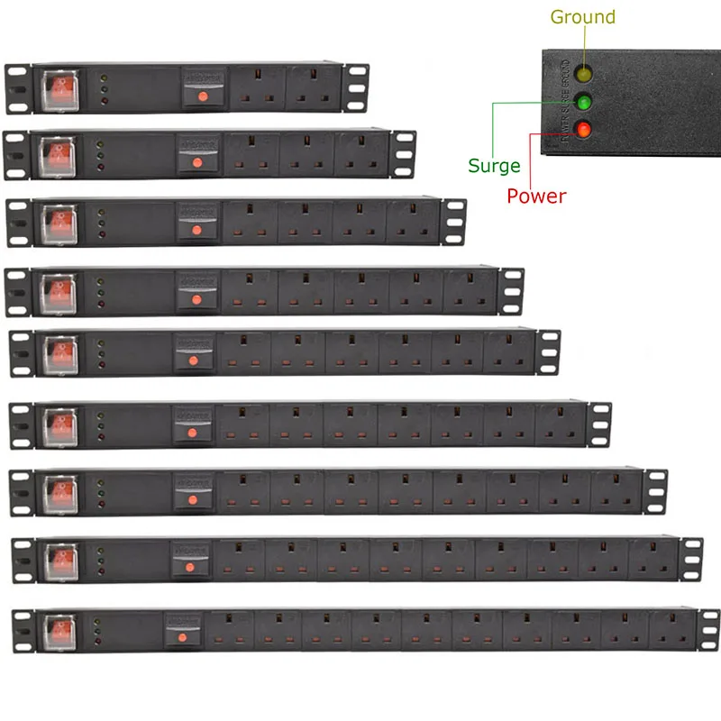 

PDU power board power socket double-break switch surge, ground power protector 2-11 circuit universal AC socket UK plug