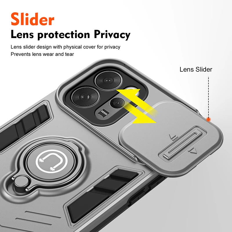 Popular Magnetic Ring Phone Case with Heavy Duty Armor and Camera Slide Cover for Enhanced Anti-Fall Protection