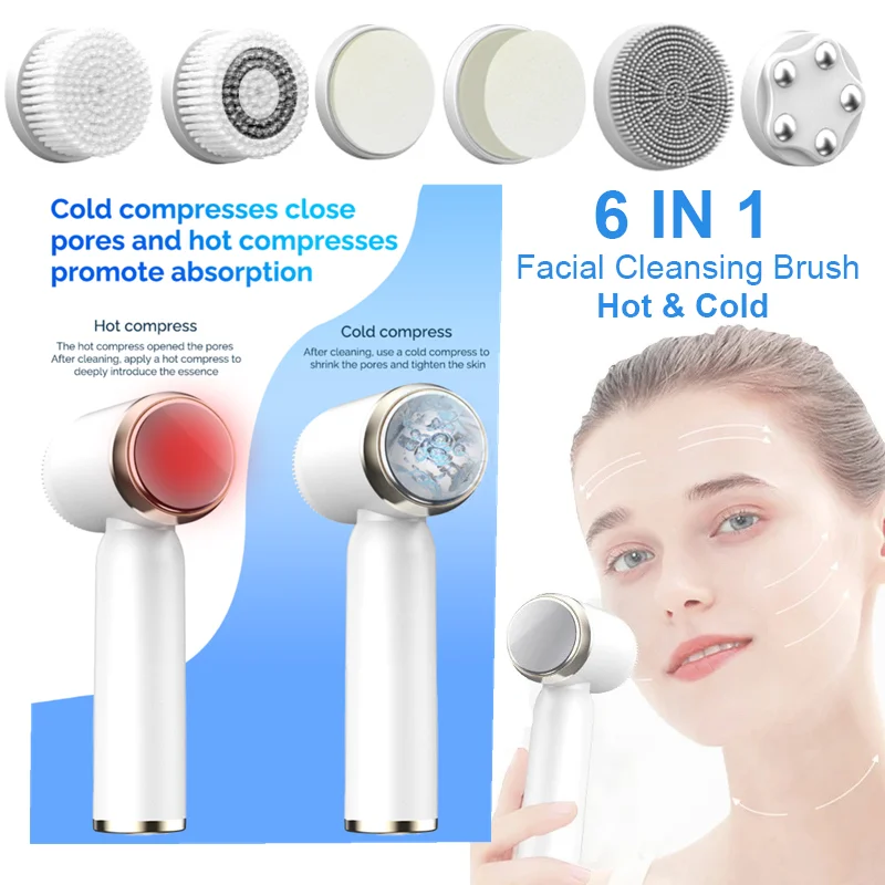 6 In 1 Hot Cool Face Cleansing Brush Electric Facial Brush Deep Cleaning Pore Cleaner LCD Vibration Lifting Skin Firming Massage