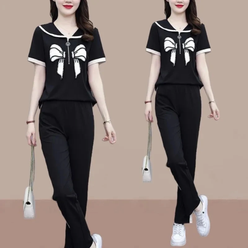 Set Di Abbigliamento Sportivo Da Donna Estivo 2023 Moda Colletto Peter Pan Top E Pantaloni Set Donna Casual Semplice 2 Pezzi Completi Tute