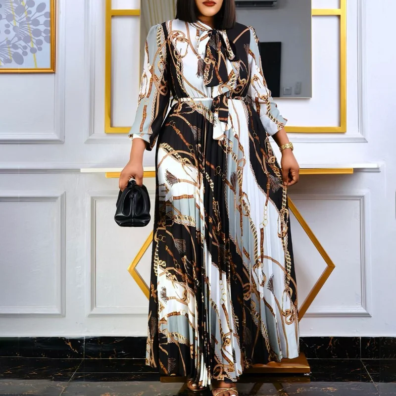 Women's Long Sleeve Muslim Abayat Printed Pleated Abaya with Waistband, Loose Women's Dress, Europe and America, New, 2022
