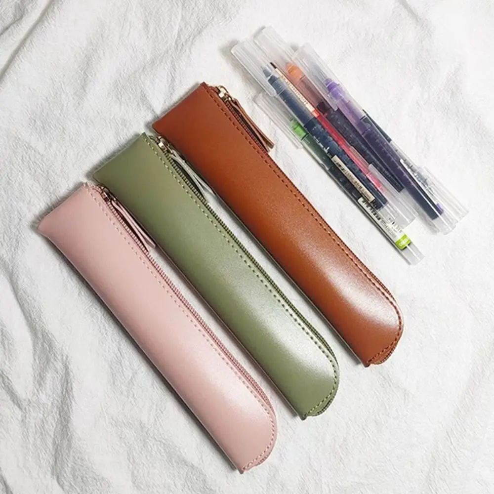 Vintage PU Thin Pencil Case Zipper Practical Pencil Bags Student Stationery Soft Pen Storage Bag Office Accsesories