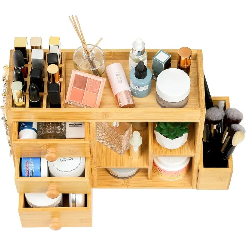 Bamboo Makeup Organizer with 3 Drawers & 12-Grid Lipstick Holder, Desk Bamboo Vanity Jewelry Organizer 4