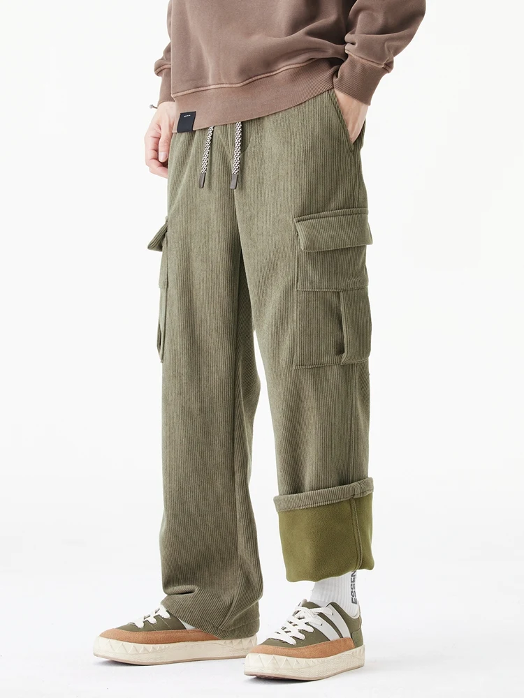 Men Fleece Sweatpants Multi-Pockets Knit Cargo Pants Thicken Warm Casual Loose Straight Trousers