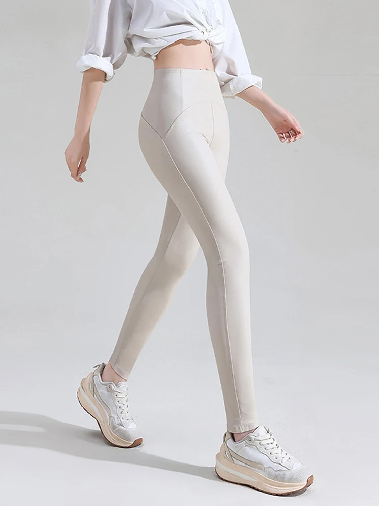 가을 겨울 패션 따뜻한 PU 가죽 바지 여성 높은 허리 양털 Fuax 가죽 레깅스 꽉 섹시한 Windproof 오토바이 바지