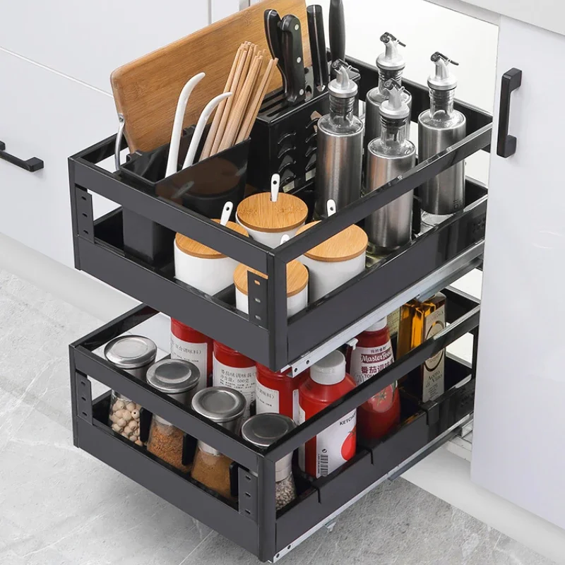 Kitchen Storage Accessories Pull Basket Kitchen Cabinet Stainless Steel Drawer Type Seasoning Basket Cabinet Layered Pul