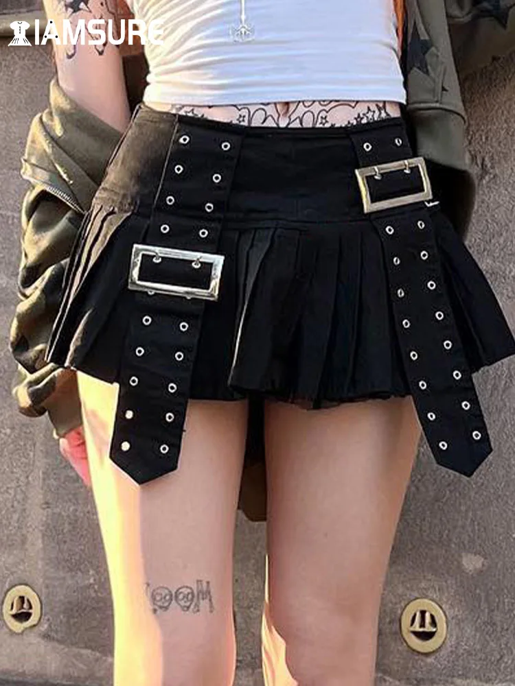 

IAMSURE Gothic Solid A-Line Pleated Skirt With Sashes Preppy Style Y2K Dark Low-Waisted Mini Skirts Women 2023 Summer Fashion