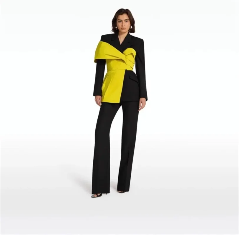 

Black Women Suits Pants Set 2 Piece Office Lady Jacket+Trousers Prom Dress Wedding Tuxedo Custom Made Coat With Yellow Strap