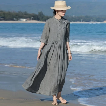 High Quality Linen Long Dress Women New 2026 Spring Vintage Floral Embroidery Solid Colir Ladies Elegant A-line Dresses M2386 1