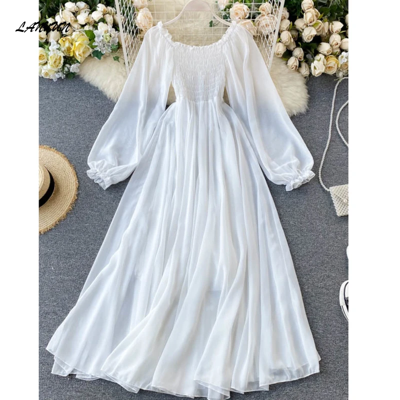 

New Spring Autumn women summer dress Elegant Holiday Puff Sleeve Slash Neck Off Shoulder Smocked White Chiffon dresses