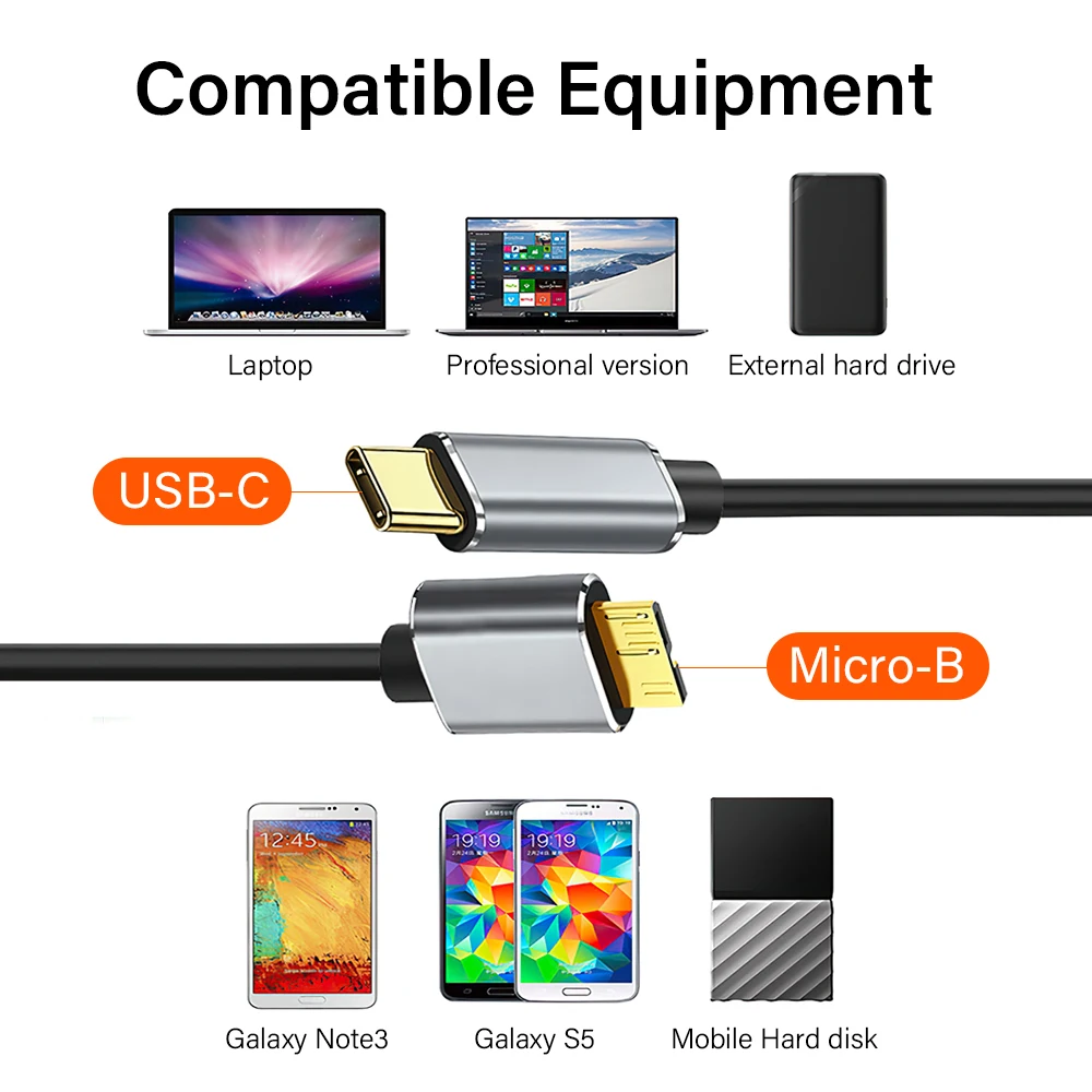 고품질 유형 C-마이크로 B USB3.0 케이블 하드 디스크 드라이브 MacBook 노트북 전화 외부 디스크 용 5Gbps 고속 데이터 케이블