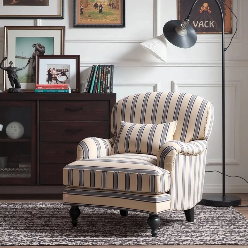 アメリカンレトロスタイルのシングルソファ青と白のストライプの